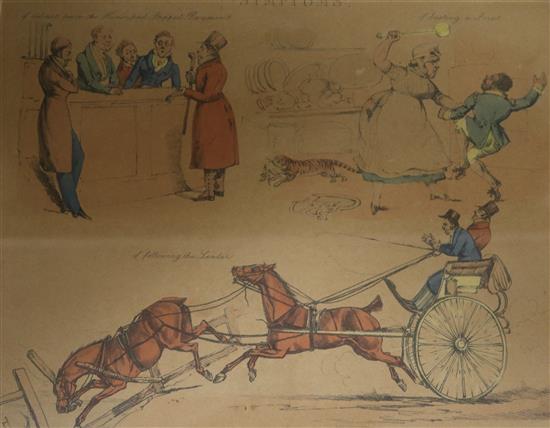 A pair of comical hunting prints and a Victorian sampler, largest 20 x 24cm